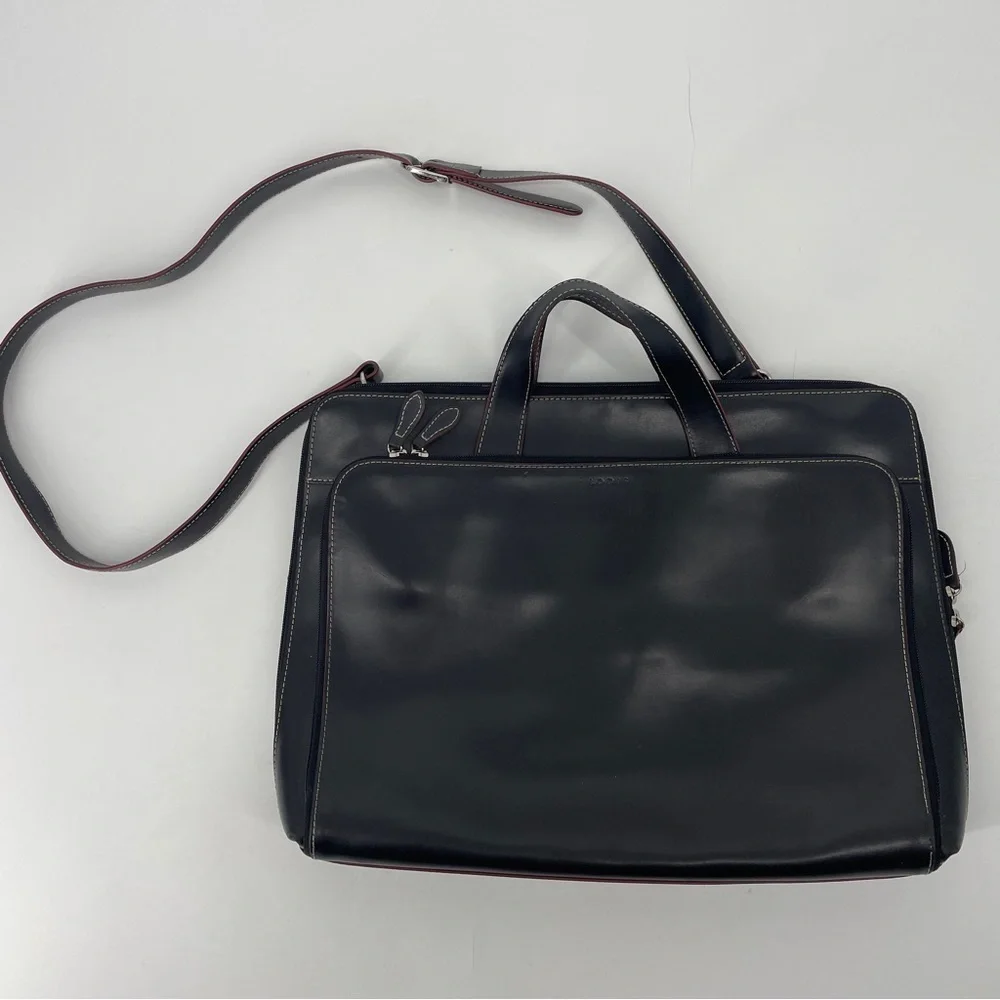Lodis Laptop Bag Black Leather Red Trim Shoulder Strap Briefcase Career Pockets